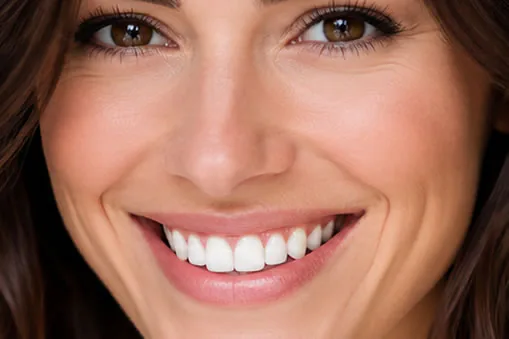 Perfect smile after porcelain crown treatment on front teeth