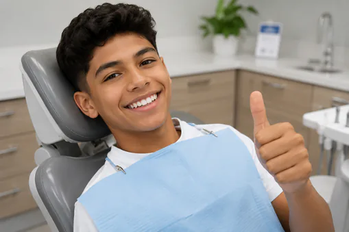 Young boy smiling at the dentist during a pediatric dental visit